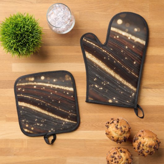 Dunkler Walnussbaum mit glänzenden Goldflüssen Ofenhandschuh & Topflappen-Set (Oben Unten)