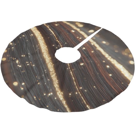 Dunkler Walnussbaum mit glänzenden Goldflüssen Polyester Weihnachtsbaumdecke (Schrägansicht)