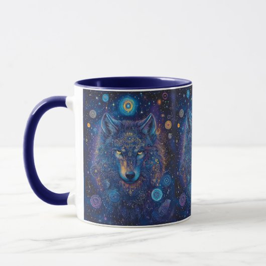 Dunkler Wolf mit Mandala magischer Sternenhimmel Tasse (Links)