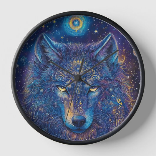 Dunkler Wolf mit Mandala Sternenhimmel Uhr (Vorderseite)