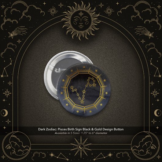 Dunkler Zodiac: Fische-Sternzeichen Schwarz-Gold-D Button