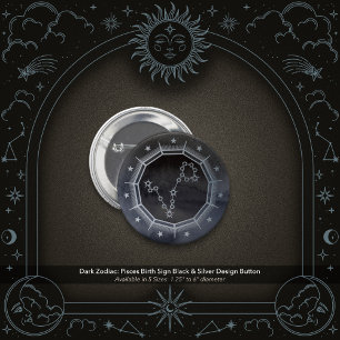 Dunkler Zodiac: Fische Sternzeichen Schwarz & Silb Button