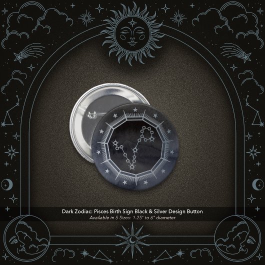 Dunkler Zodiac: Fische Sternzeichen Schwarz & Silb Button