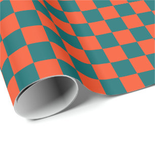 Dunkles Aquablau und Orange Korallen Schachbrettmu Geschenkpapier