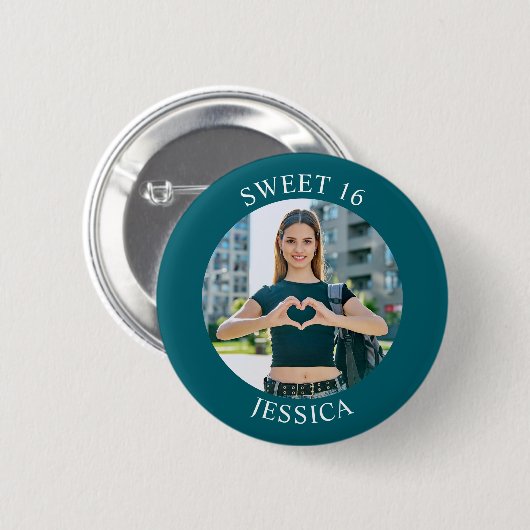 Dunkles Aquamarin Sweet 16 Birthday Circle Foto Button (Vorne & Hinten)