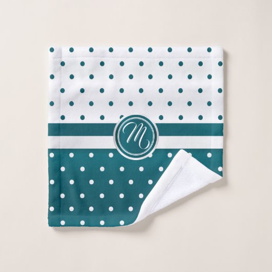 Dunkles Aquamarines Monogramm-Polka-Dottern-Muster Badhandtuch Set (Waschlappen)