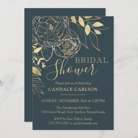 Dunkles Aquamarines und Goldpeony Modernes Brautpa Einladung (Vorne/Hinten)