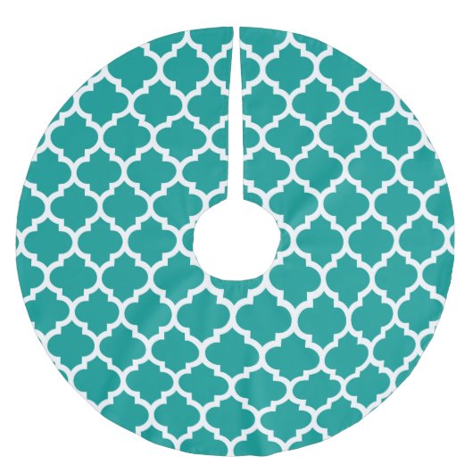 Dunkles Aquamarines weißes marokkanisches Quatrefo Polyester Weihnachtsbaumdecke (Vorderseite)