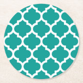 Dunkles Aquamarines weißes marokkanisches Quatrefo Runder Pappuntersetzer (Vorderseite)