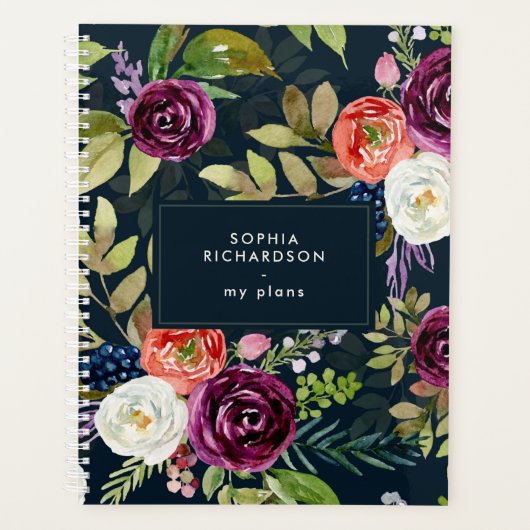 Dunkles Aquarell-Blumen-Boho-Muster Planer (Vorderseite)