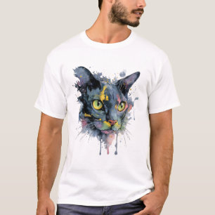 Dunkles Aquarell-Katzengesicht Neon-Augen Kunst T-Shirt