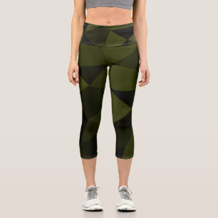 Dunkles Armeegrün schwarzes geometrisches Maschenm Capri Leggings