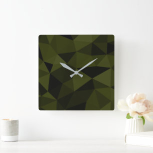 Dunkles Armeegrün schwarzes geometrisches Maschenm Quadratische Wanduhr