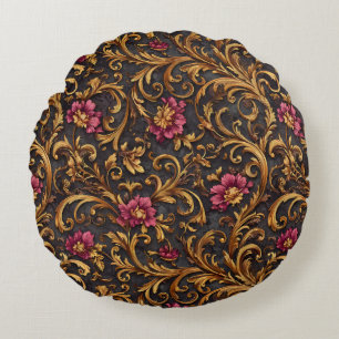 Dunkles Barock-Blumenmuster mit goldenen Verzierun Rundes Kissen