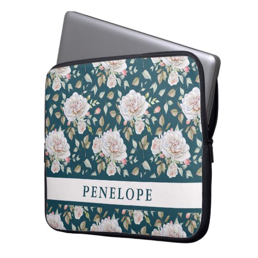Dunkles Blau mit Blumen und Namen Laptopschutzhülle (Vorderseite Links)
