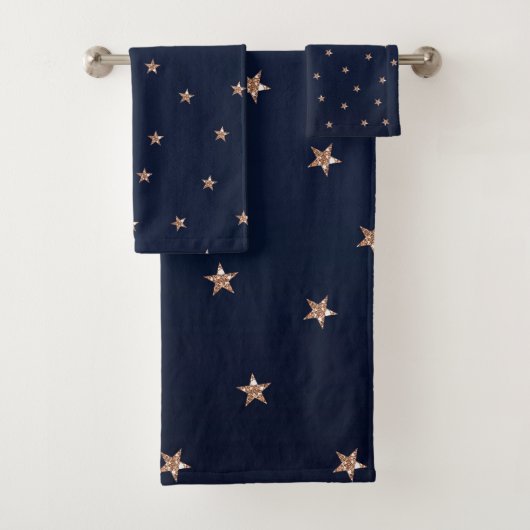 Dunkles Blau & Rose Gold Pink Glittery Sterne Star Badhandtuch Set (Insitu)