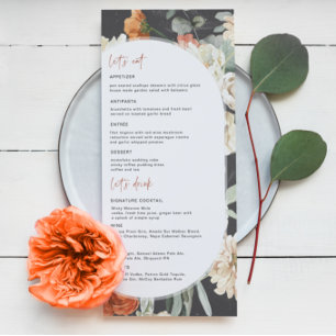 Dunkles Boho-Blumen   Hochzeitsmenü Menükarte