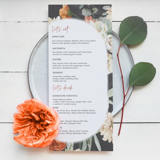 Dunkles Boho-Blumen | Hochzeitsmenü Menükarte