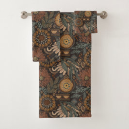 Dunkles Boho-Terrakotta-Sage-Botanikmuster Badhandtuch Set