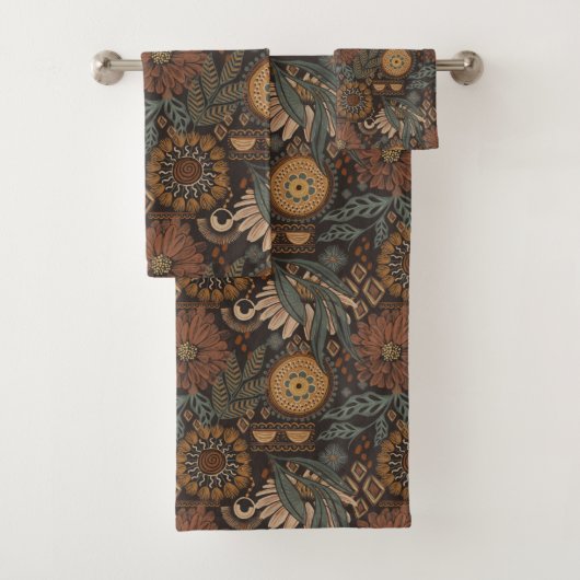 Dunkles Boho-Terrakotta-Sage-Botanikmuster Badhandtuch Set (Insitu)