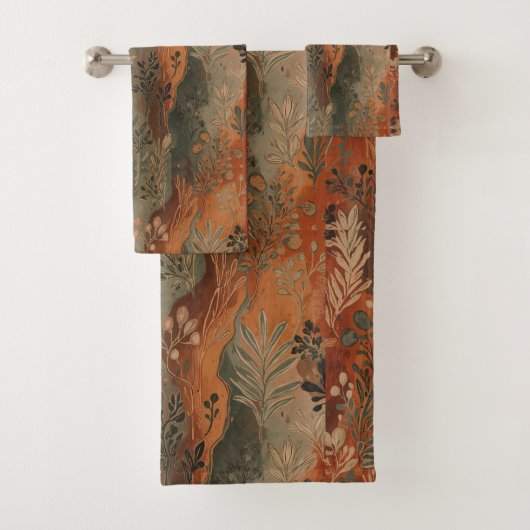 Dunkles Boho-Terrakotta-Sage-Botanikmuster Badhandtuch Set (Insitu)