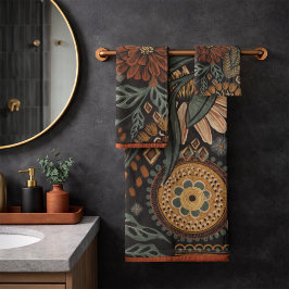 Dunkles Boho-Terrakotta-Sage-Botanikmuster Badhandtuch Set