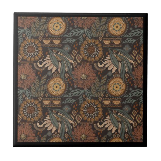 Dunkles Boho-Terrakotta-Sage-Botanikmuster Fliese (Vorderseite)