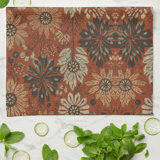 Dunkles Boho-Terrakotta-Sage-Botanikmuster Geschirrtuch (Gefaltet)