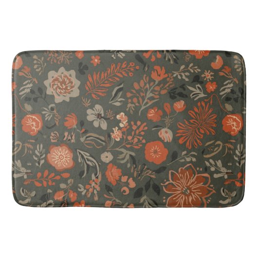 Dunkles Boho-Terrakotta-Salbei-Botanikmuster Badematte (Vorderseite)
