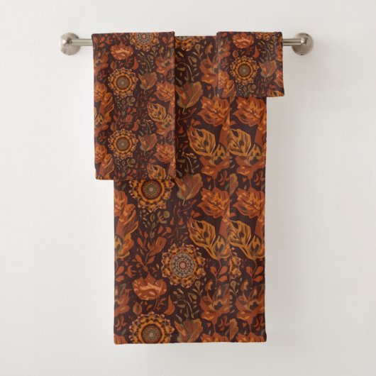 Dunkles Boho-Terrakotta-Salbei-Botanikmuster Badhandtuch Set (Insitu)