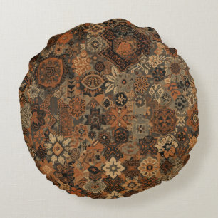 Dunkles Boho-Terrakotta-Salbei-Botanikmuster Rundes Kissen
