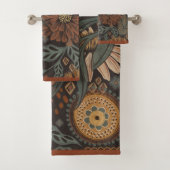 Dunkles Boho Terrakotta Salbei Botanisches Muster Badhandtuch Set (Insitu)