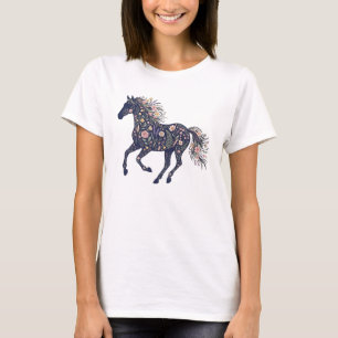 Dunkles Botanisches Florales Galoppierendes Pferd T-Shirt