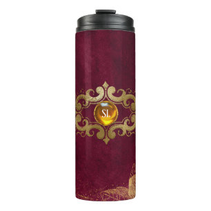 Dunkles Burgund und Goldener Edelstein-Monogramm Thermosbecher