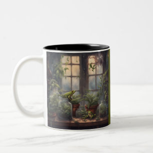 Dunkles Cottagecore-Fenster mit Fröschen und Pflan Zweifarbige Tasse