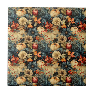 Dunkles Cottagecore-Herbst-Kürbis-Blumenmuster Fliese