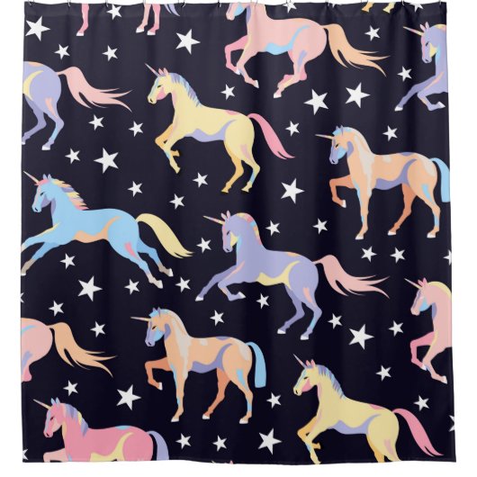 Dunkles Einhornmuster. Seamless Unicorn und Star d Duschvorhang (Vorderseite)