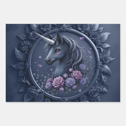 Dunkles Einhornportrait in einem runden Rahmen Geschenkpapier Set (Vorderseite 2)