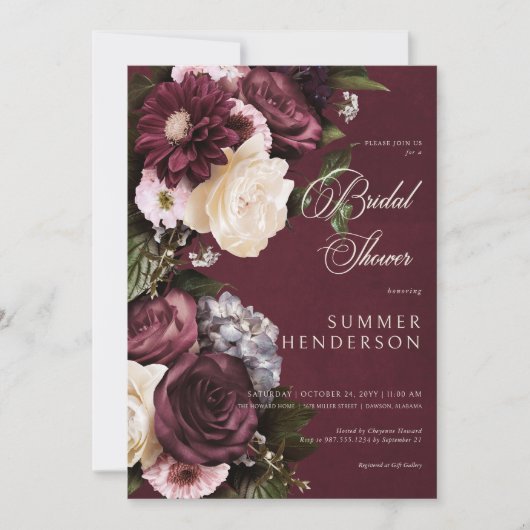 Dunkles Elegantes Burgundy & Cream Floral Brautpar Einladung (Vorderseite)