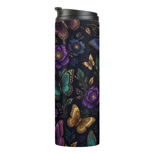 Dunkles elegantes Schmetterlingsmuster Thermosbecher (Nach rechts gedreht)