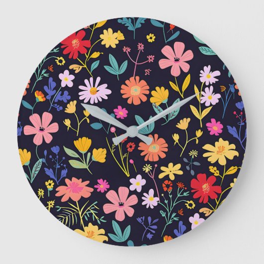 Dunkles farbenfrohes Ditsy-Blumenmuster im Boho-St Große Wanduhr (Vorderseite)