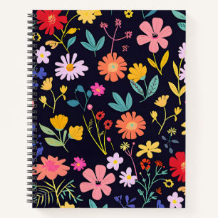 Dunkles farbenfrohes Ditsy-Blumenmuster im Boho-St Notizblock