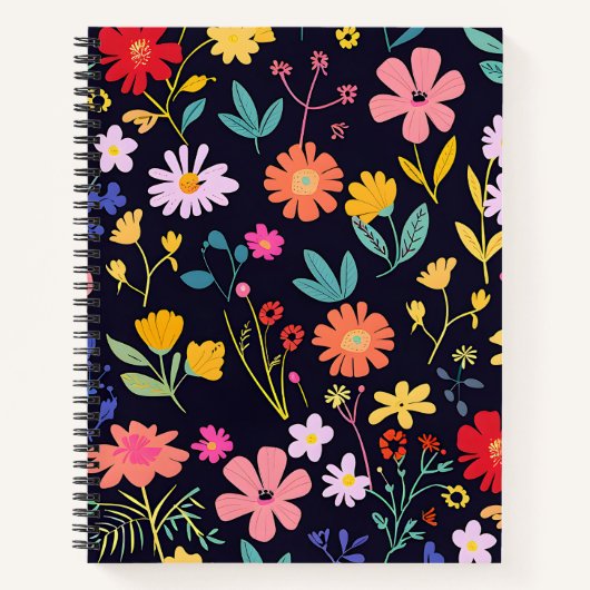 Dunkles farbenfrohes Ditsy-Blumenmuster im Boho-St Notizblock (Vorderseite)