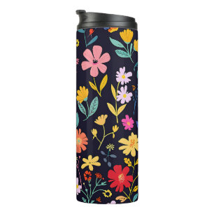 Dunkles farbenfrohes Ditsy-Blumenmuster im Boho-St Thermosbecher