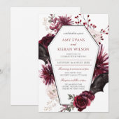 Dunkles florales Burgund & schwarzes Halloween Einladung (Vorne/Hinten)