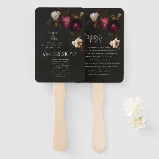 Dunkles florales Hochzeitsprogramm Elegantes Burgu Fächer (Vorne und Hinten)