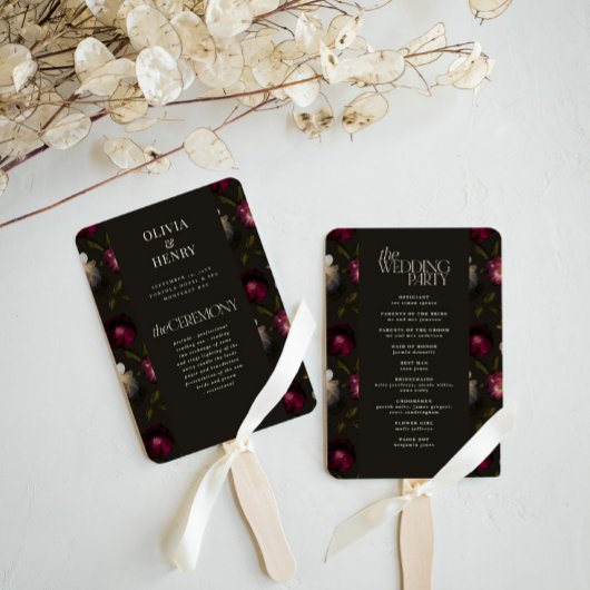 Dunkles florales Hochzeitsprogramm Elegantes Burgu Fächer