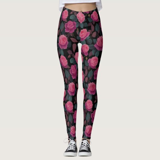 Dunkles florales rosa Rosenmuster Leggings (Vorderseite)