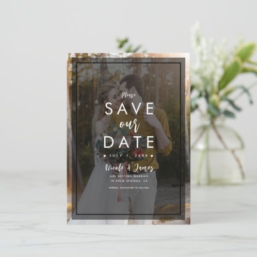 Dunkles Foto Tint Overlay 2 Modernes Save the Date Einladung (Stehend Vorderseite)
