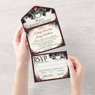 Dunkles Gothic-Halloween-Herz-Hochzeitsmenü All In One Einladung
